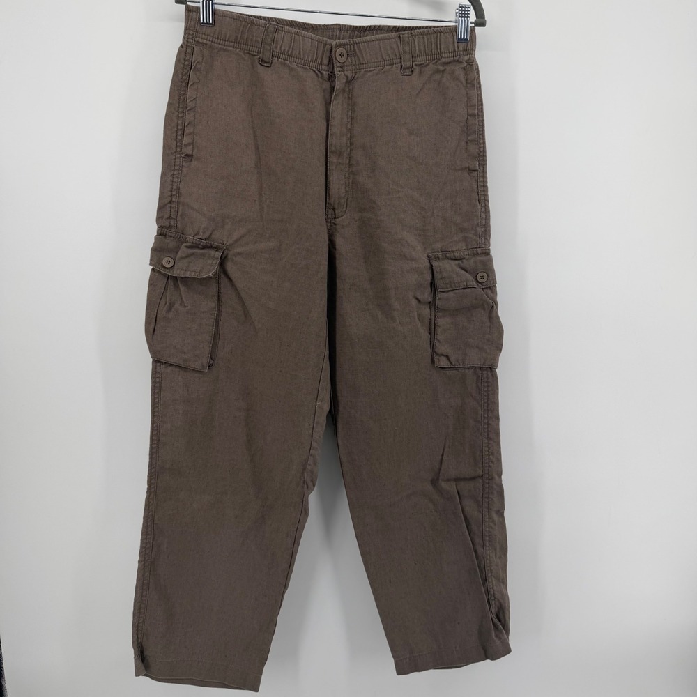 Havana Nines Cargo Pants Women M Brown 100% Linen Straight Leg Elastic Waist